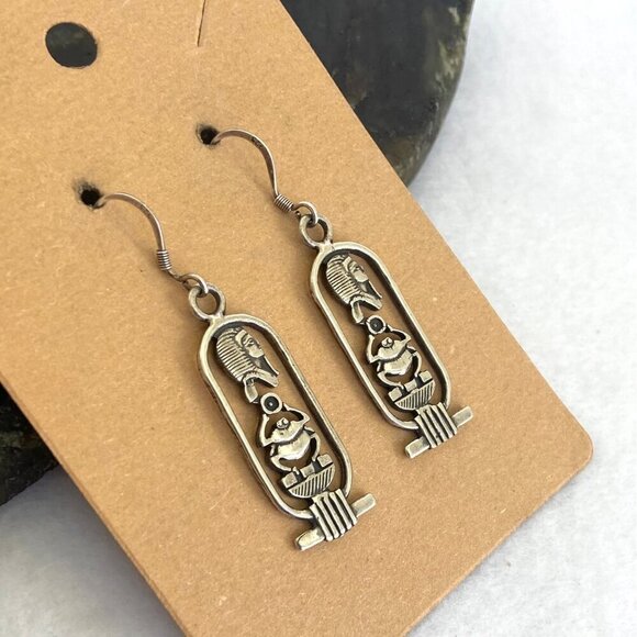 Sterling Silver 925 Egyptian Amulet Hieroglyph Scarab Cartouche Dangle Earrings - Picture 12 of 16